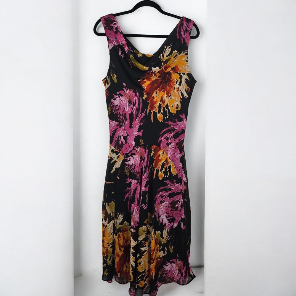 Signature by Robbie Bee Midi Dress Woman Size 14 Black Floral Print V Neck Lined - Picture 1 of 13
